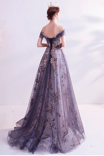 Vestido largo de fiesta de tul de tul púrpura brillante